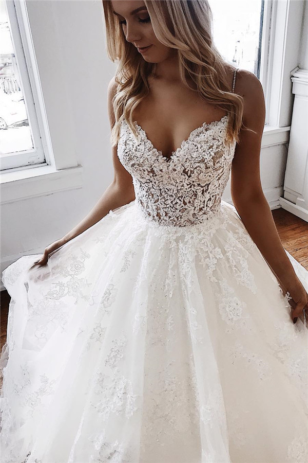 A-line Spaghetti Straps Sleeveless Sweep / Brush Train Wedding Gown With Lace 3