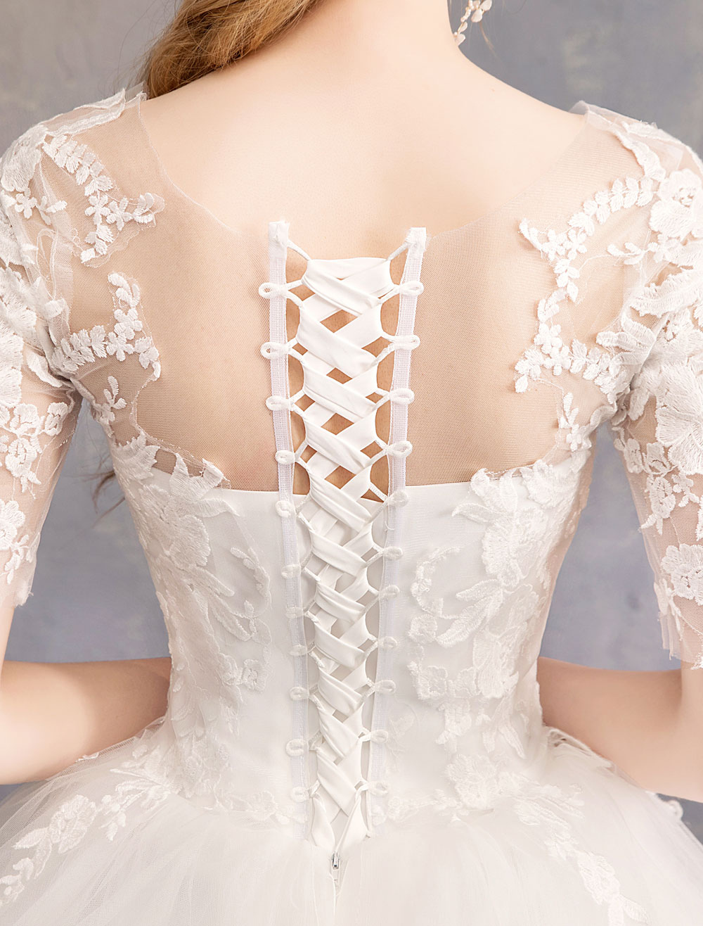 Half-Sleeves Floor-length Lace Wedding Dress With Lace 9