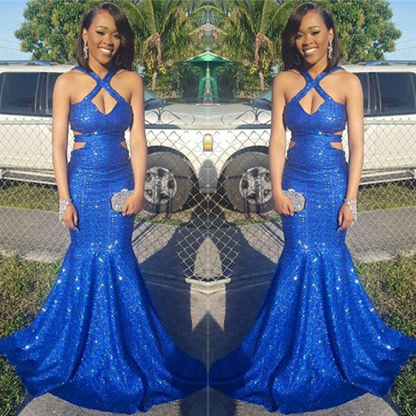 Mermaid Halter-neck Sleeveless Sweep / Brush Train Evening Dress With Sequins 2