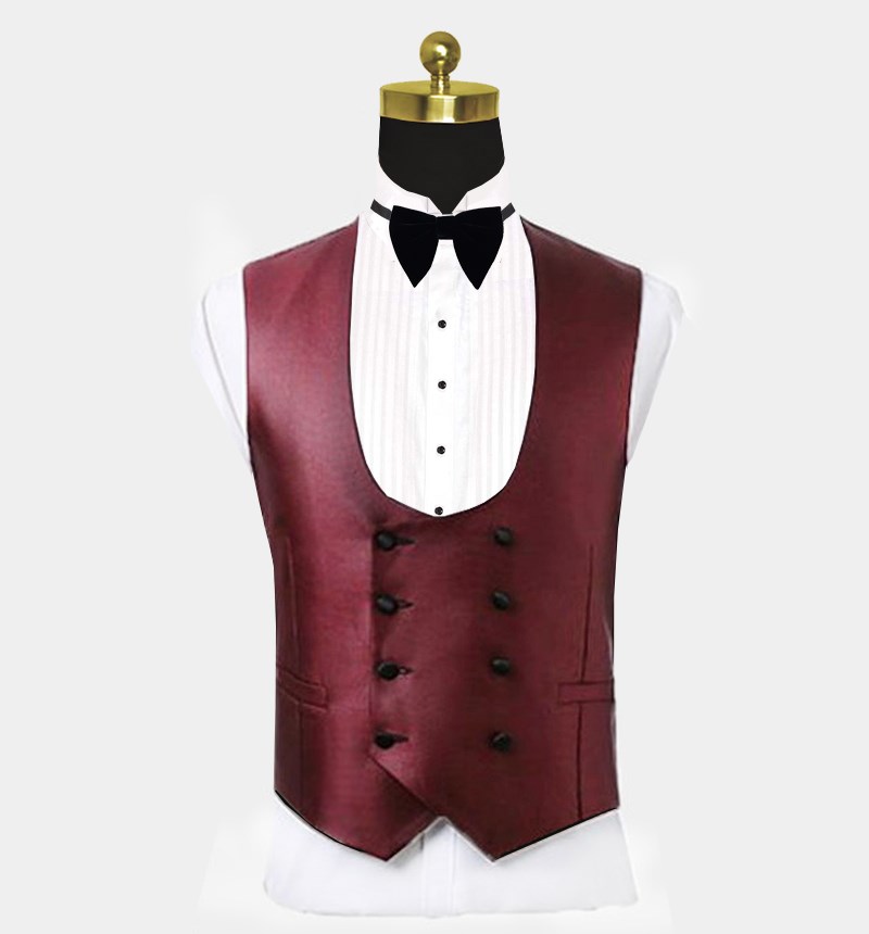 Burgundy Three-Piece Tuxedo with Black Shawl Lapel 3