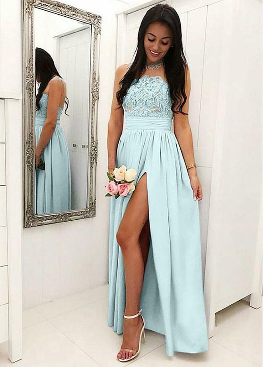 Column Sleeveless Floor-length Bridesmaid Outfit With Lace 2