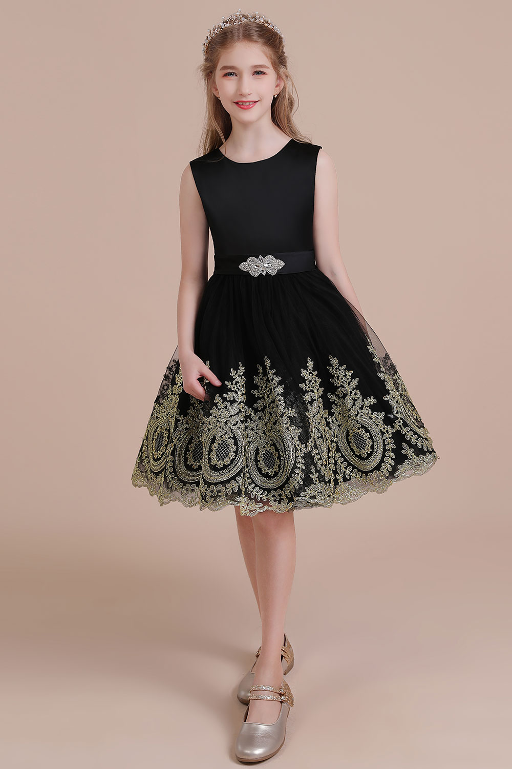 A-line Jewel Neck Sleeveless Knee-length Satin Flower Girl Dress With Appliques 4