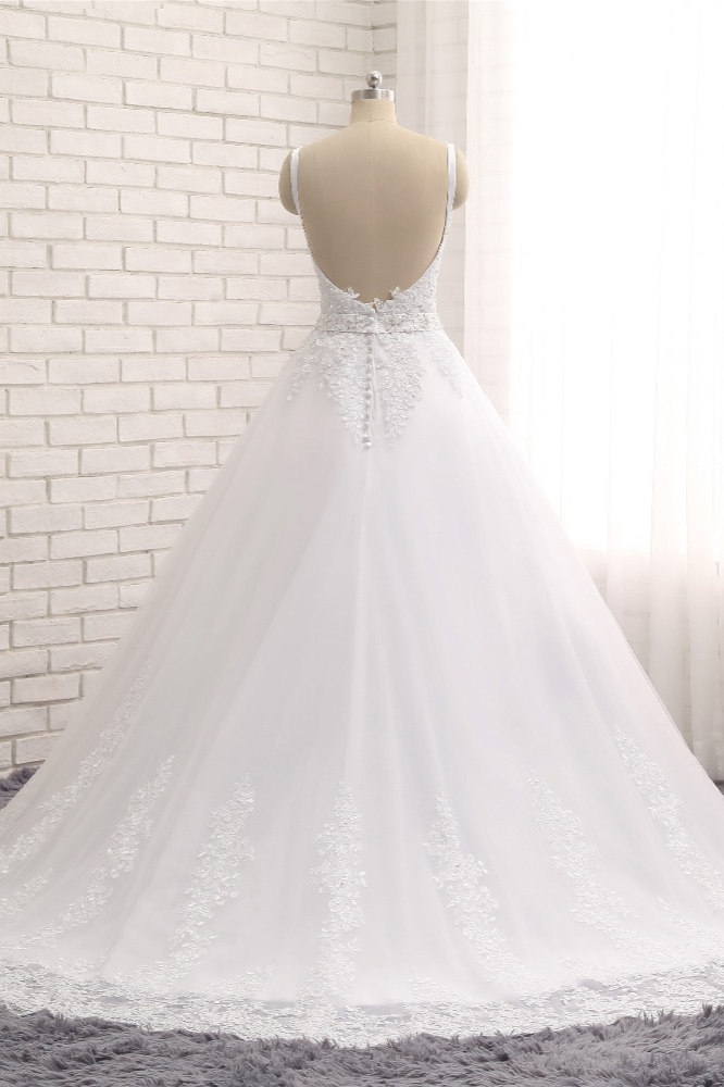 A-line Straps V-neck Sleeveless Court Train Tulle Wedding Dress With Appliques 2