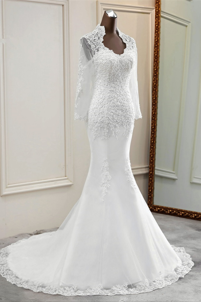 Mermaid V-neck Long Sleeves Floor-length Tulle Wedding Dress With Beading 5