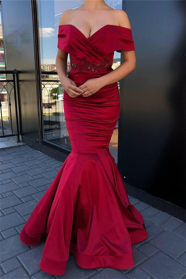 Mermaid Off-the-shoulder Sleeveless Floor-length Stretch Satin Formal Dress With Crystal 1