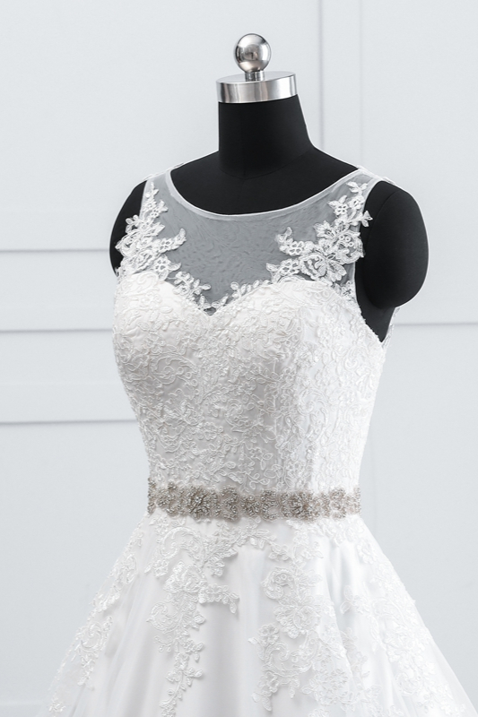 A-line Jewel Neck Sleeveless Floor-length Tulle Wedding Gown With Lace 5