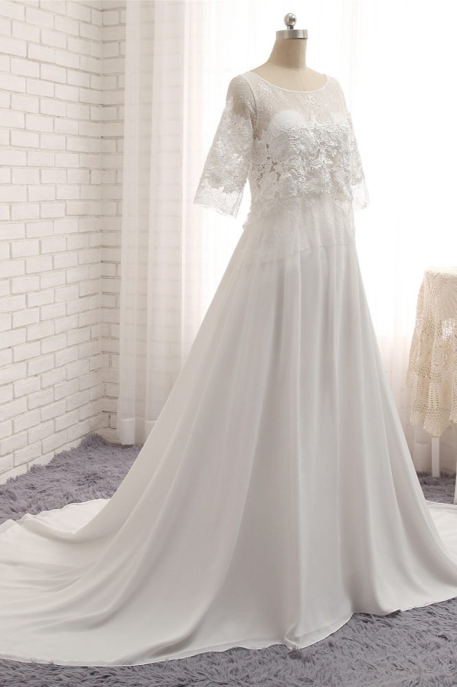 A-line Jewel Neck Half-Sleeves Floor-length 100D Chiffon Wedding Dress 3
