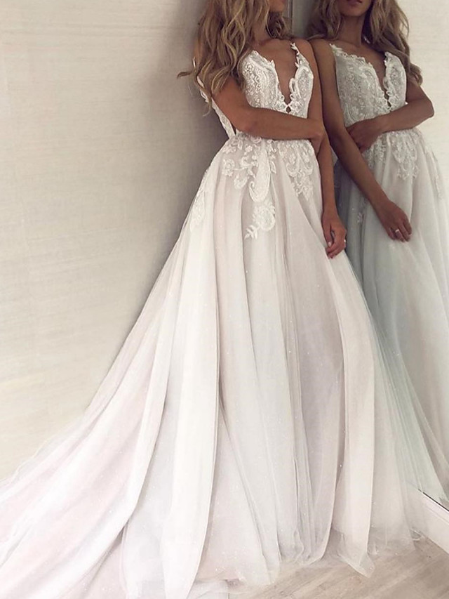 A-line V-neck Court Train Tulle Bridal Gown With Lace 2