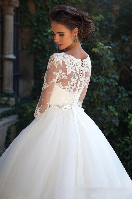 Ball Gown Bateau Neck Half-Sleeves Court Train Wedding Gown With Beading 2