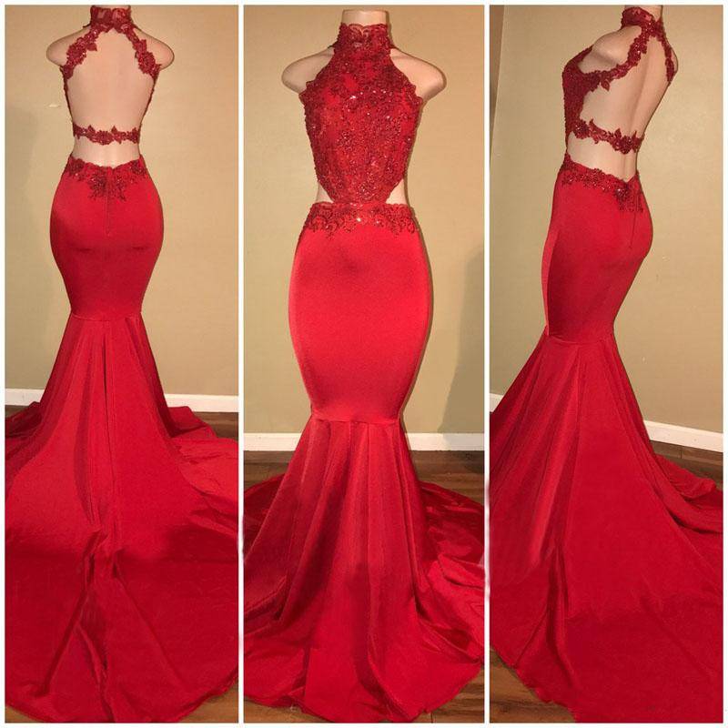 Mermaid High Neck Sleeveless Court Train Stretch Satin Evening Dress With Lace 2