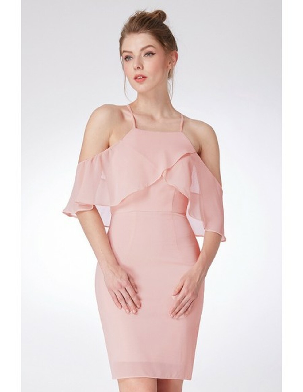 Off Shoulder Sleeves Pink Short Bridesmaid Dress 3