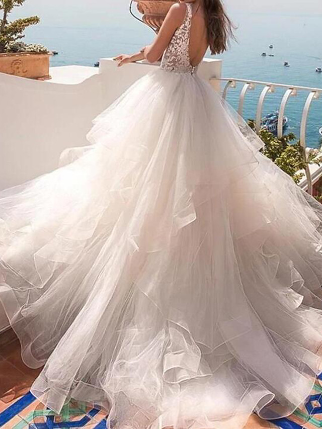 Ball Gown V-neck Sleeveless Sweep / Brush Train Tulle Bridal Dress With Ruffles 2