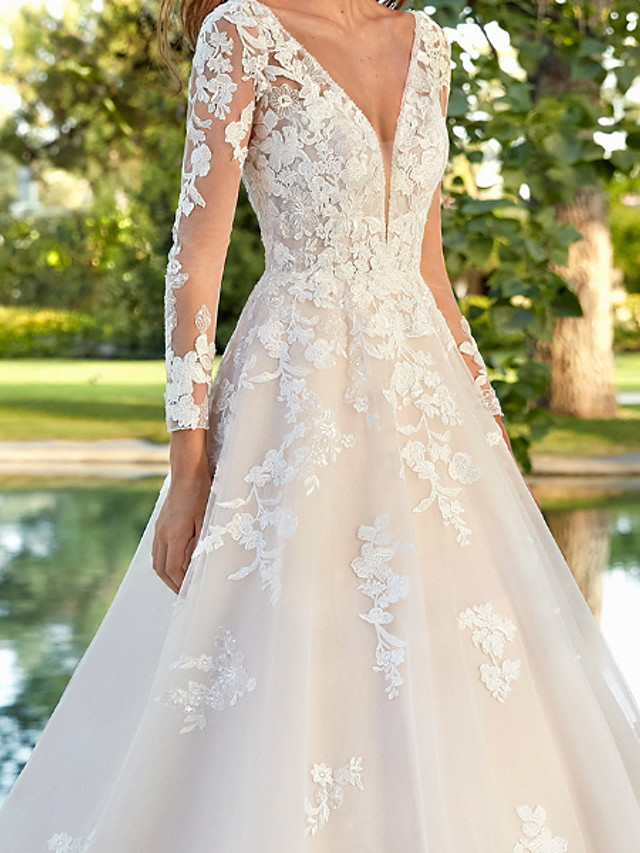 A-line V-neck Long Sleeves Sweep / Brush Train Lace Bridal Gown With Lace 3