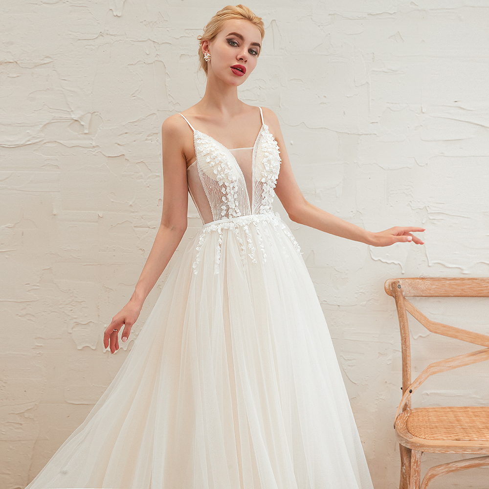 A-line Plunging Neckline Sleeveless Cathedral Train Tulle Wedding Gown With Flower(s) 13