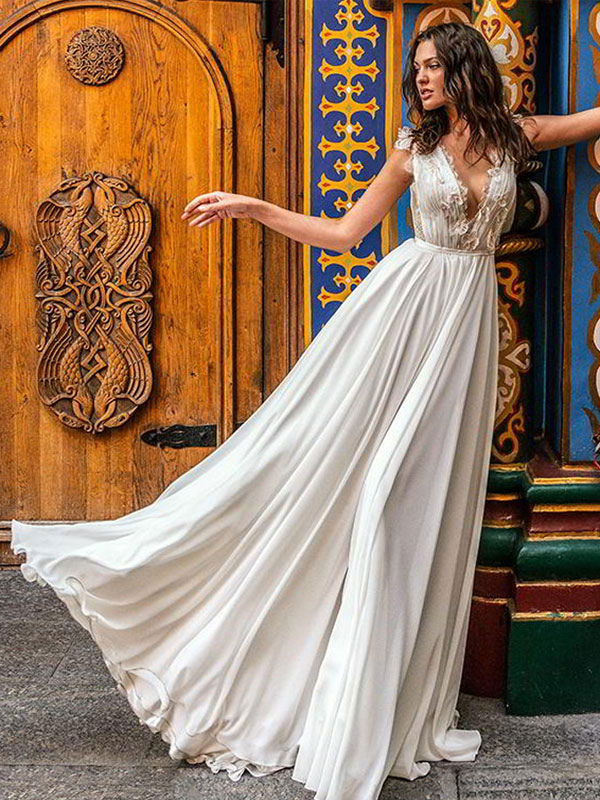 A-line Plunging Neckline Sleeveless Court Train 100D Chiffon Bridal Gown With Lace 2