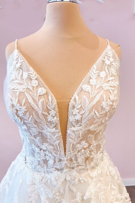 A-line Plunging Neckline Sleeveless Sweep / Brush Train Tulle Wedding Gown With Appliques 3