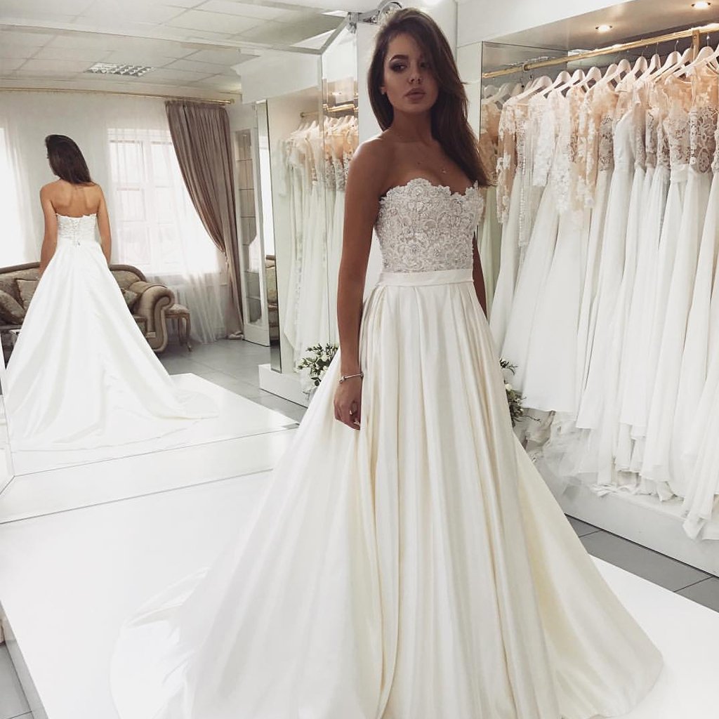 A-line Sweetheart Neck Sleeveless Sweep / Brush Train Satin Wedding Gown With Lace 2