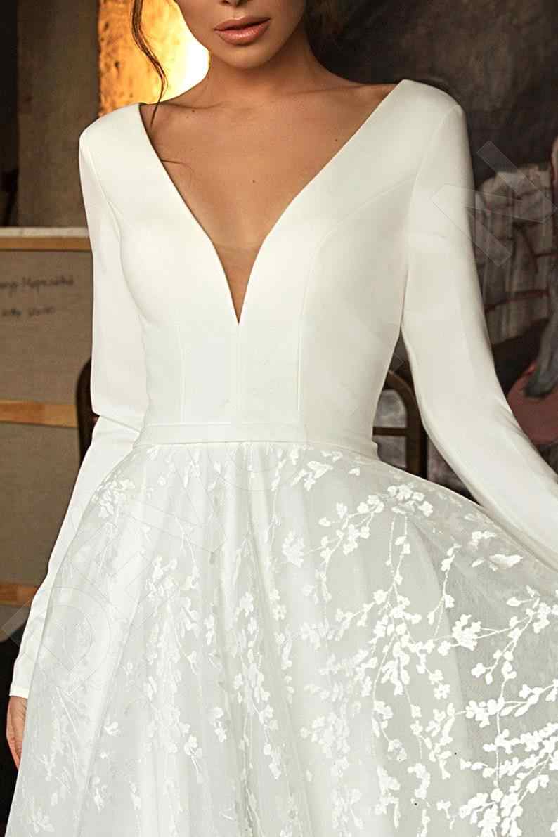 A-line Sweetheart Neck Long Sleeves Court Train Satin Wedding Gown With Lace 3