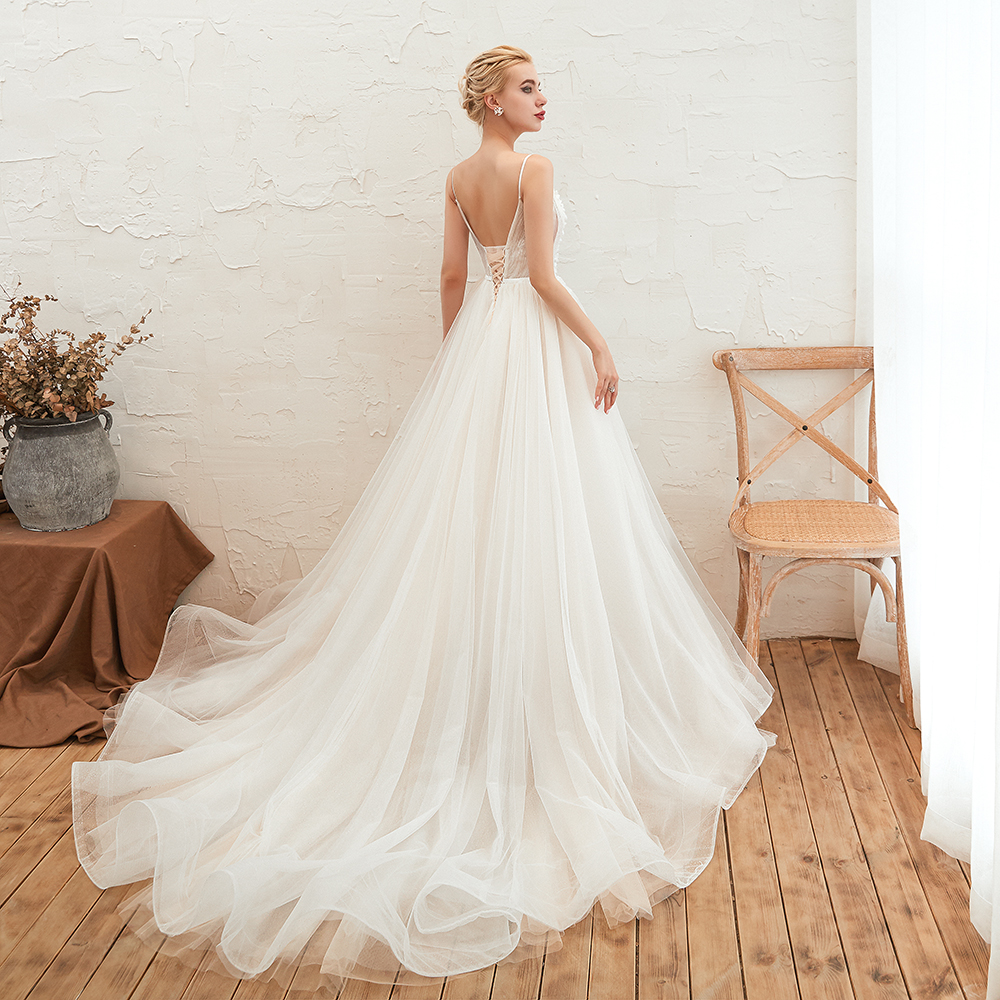 A-line Plunging Neckline Sleeveless Cathedral Train Tulle Wedding Gown With Flower(s) 14