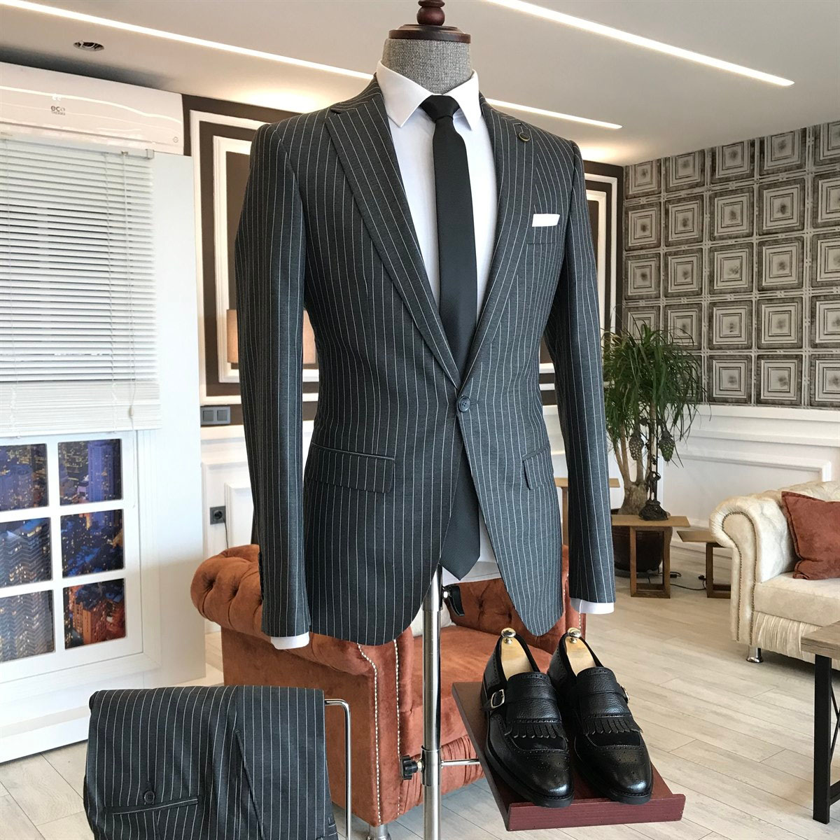 Black Striped Slim Fit Business Men's wear with Notched Lapel 2