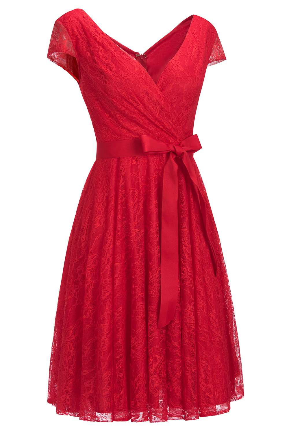 A-line V-neck Short Sleeves Knee-length Lace Bridesmaid Dress With Ribbons 13