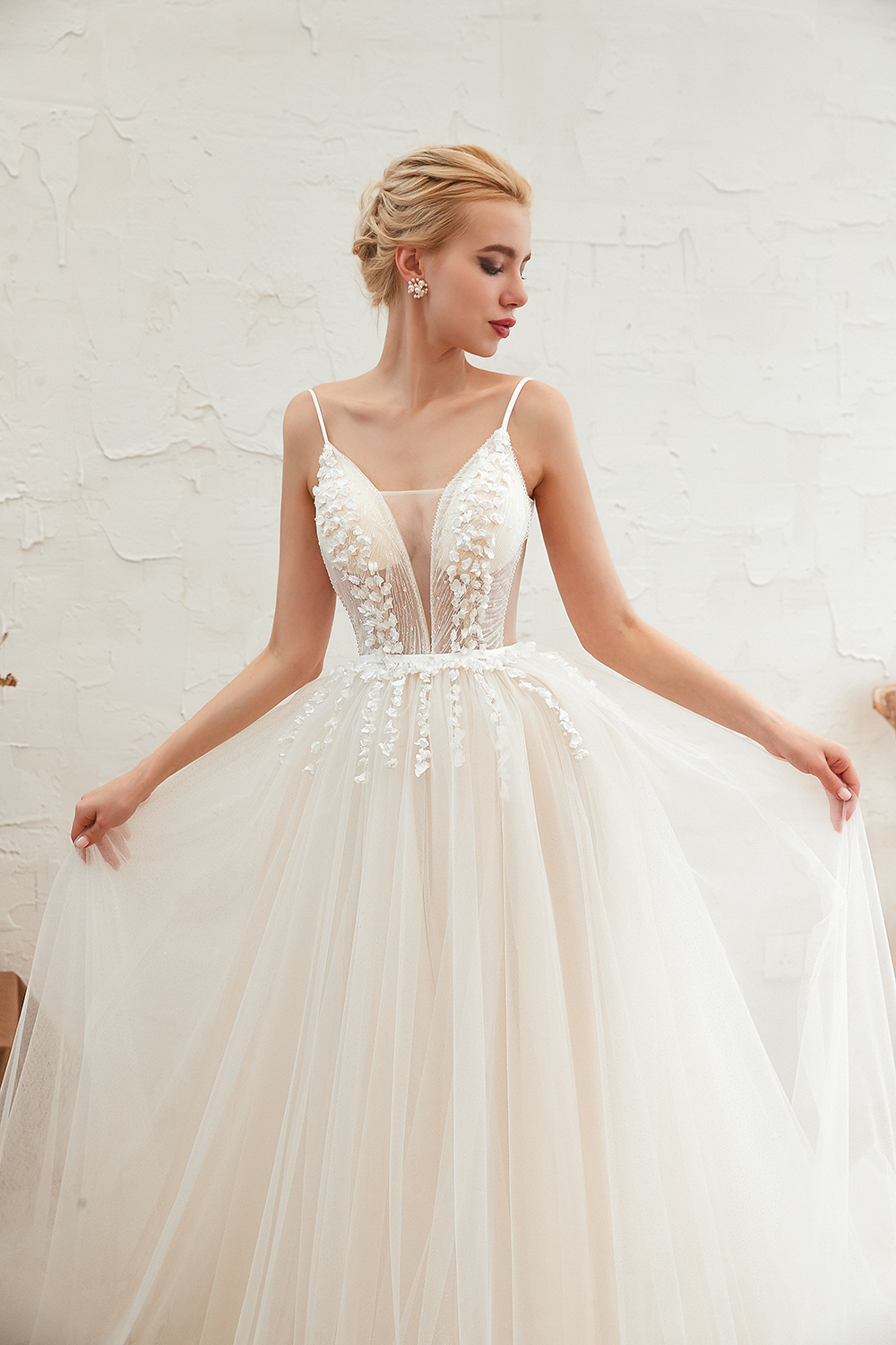 A-line Plunging Neckline Sleeveless Cathedral Train Tulle Wedding Gown With Flower(s) 19