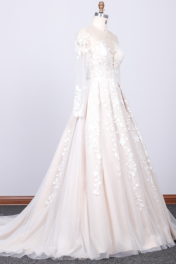 A-line Jewel Neck Long Sleeves Chapel Train Lace Bridal Gown With Lace 2