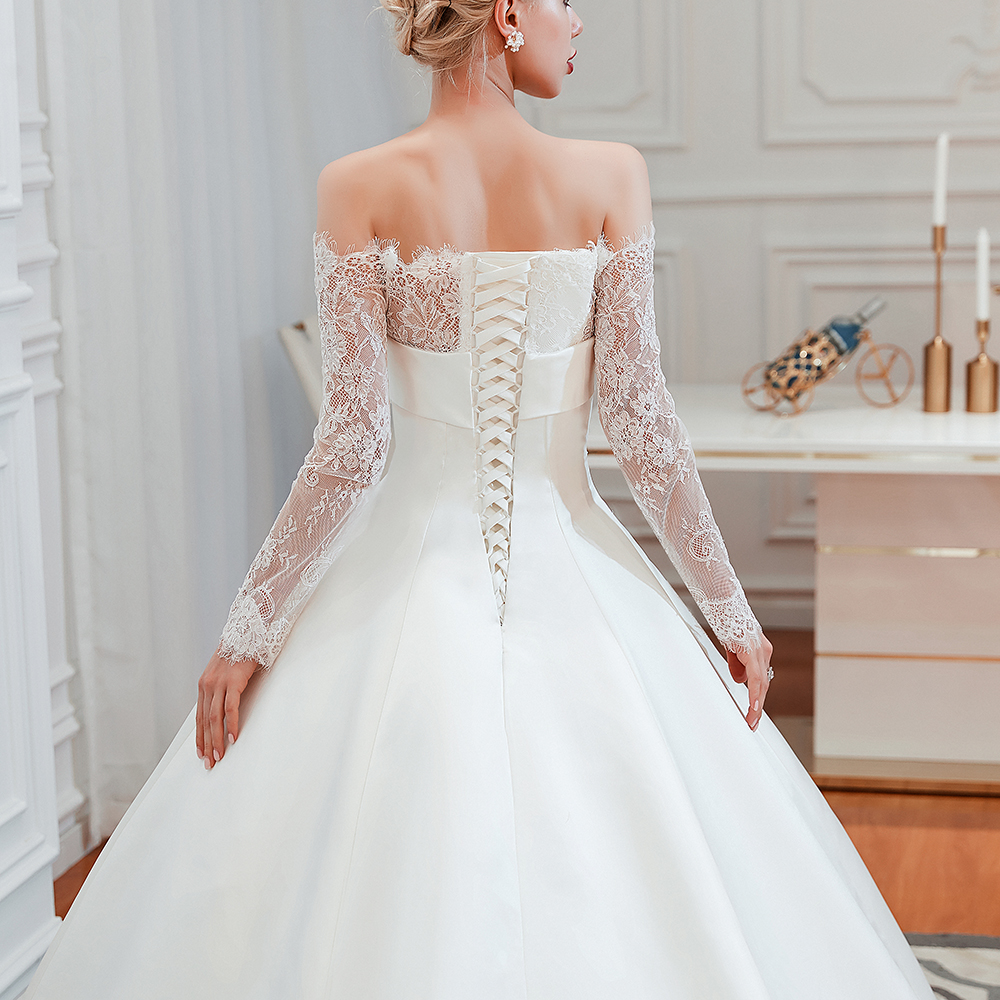 Bateau Neck Long Sleeves Cathedral Train Satin Wedding Gown With Lace 6