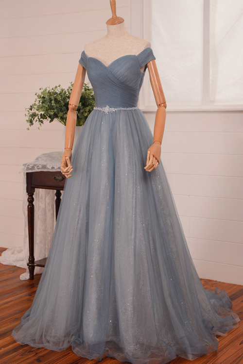 A-line Off-the-shoulder Sleeveless Sweep / Brush Train Tulle Evening Gown With Beading 2