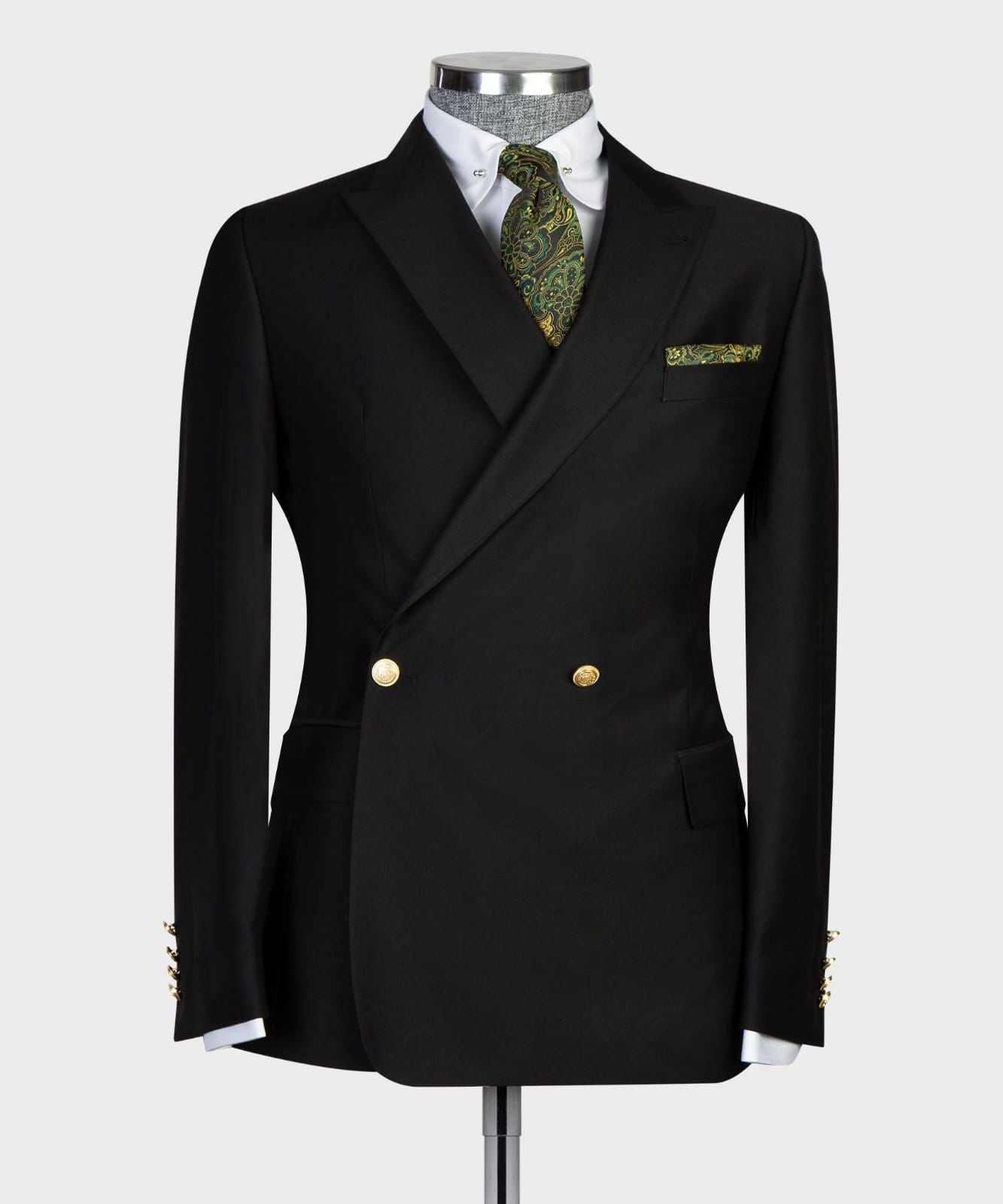 Black Double Breasted Bespoke Men Suit with Peaked Lapel 4