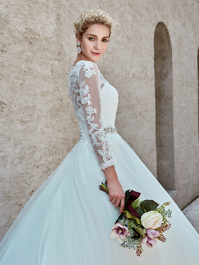 Ball Gown Bateau Neck Long Sleeves Chapel Train Tulle Bridal Gown With Lace 17