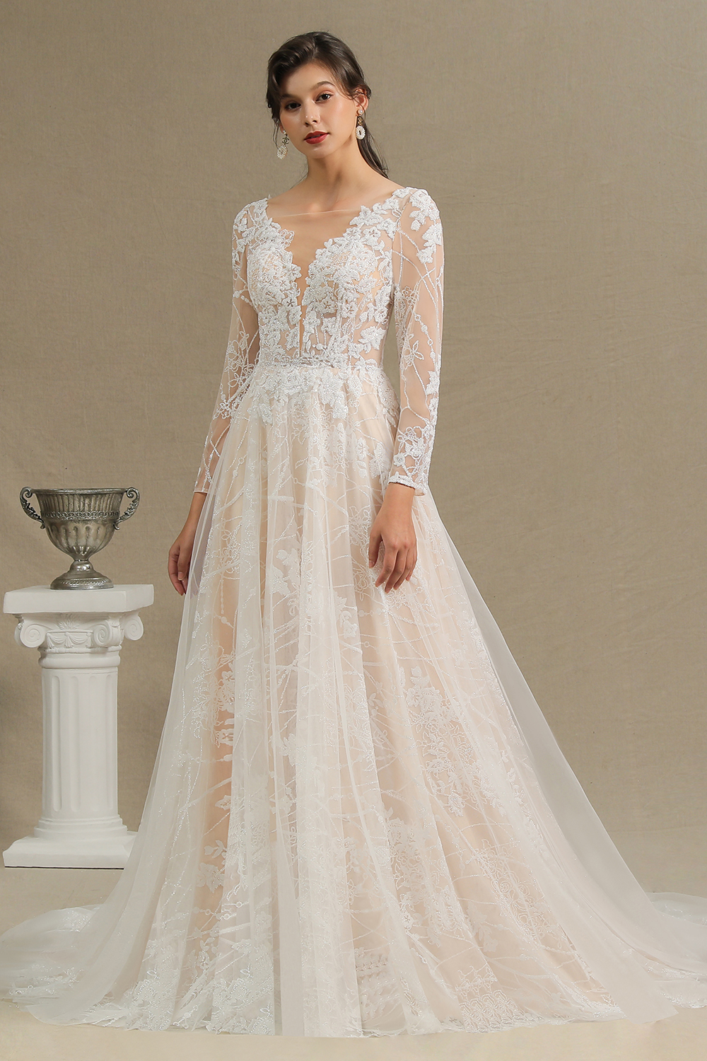 A-line Plunging Neckline Long Sleeves Sweep / Brush Train Tulle Wedding Dress With Lace 2