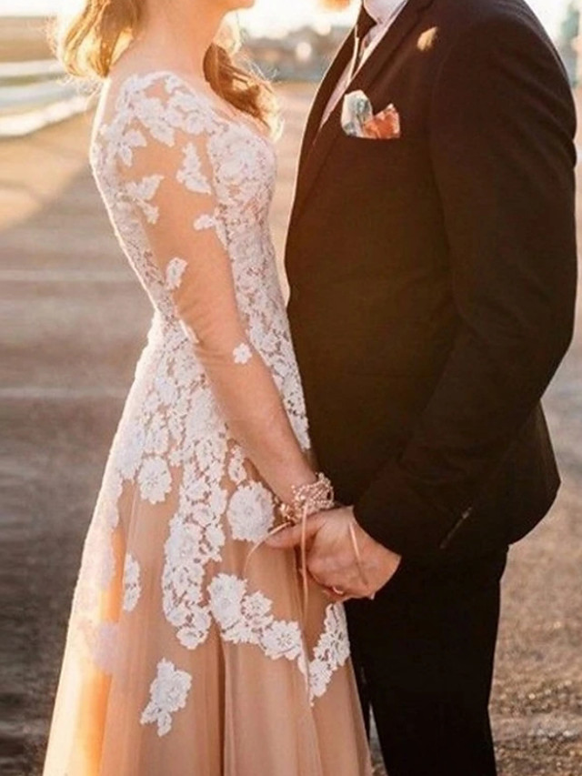 A-line Long Sleeves Sweep / Brush Train Lace Wedding Gown With Buttons 2