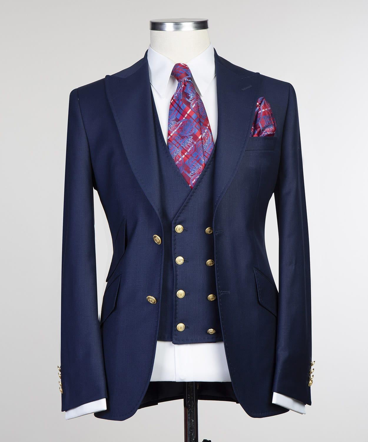 Dark Navy 3-Pieces Men Suit with Peaked Lapel 5