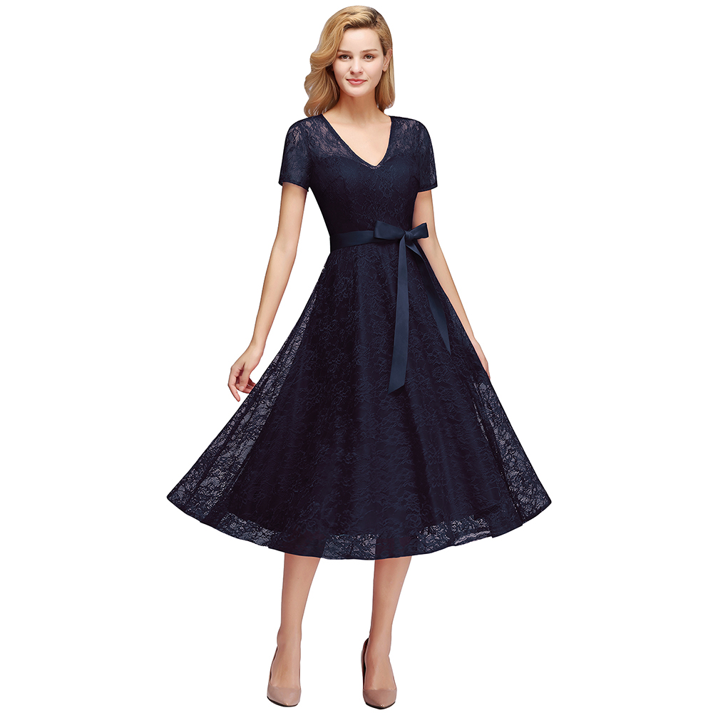 A-line V-neck Short Sleeves Mini Lace Bridesmaid Attire With Ribbons 11