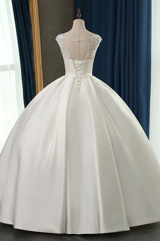 Ball Gown Jewel Neck Sleeveless Floor-length Satin Bridal Dress With Ruffles 2
