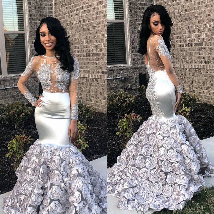 Silver Long Sleeve Prom Dress with Flower Bottom 2