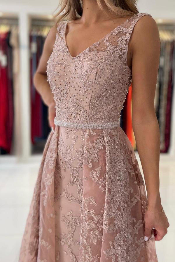 A-line V-neck Sleeveless Floor-length Lace Formal Dress With Ruffles 4