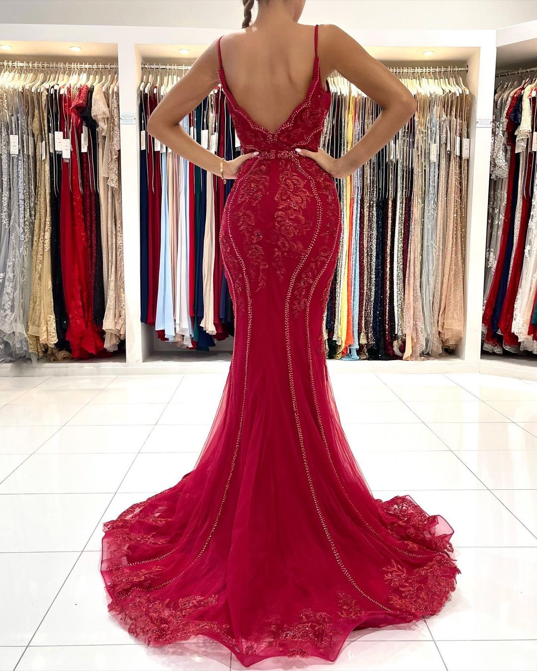 Mermaid Spaghetti Straps Sleeveless Floor-length Lace Formal Dress With Ruffles 4
