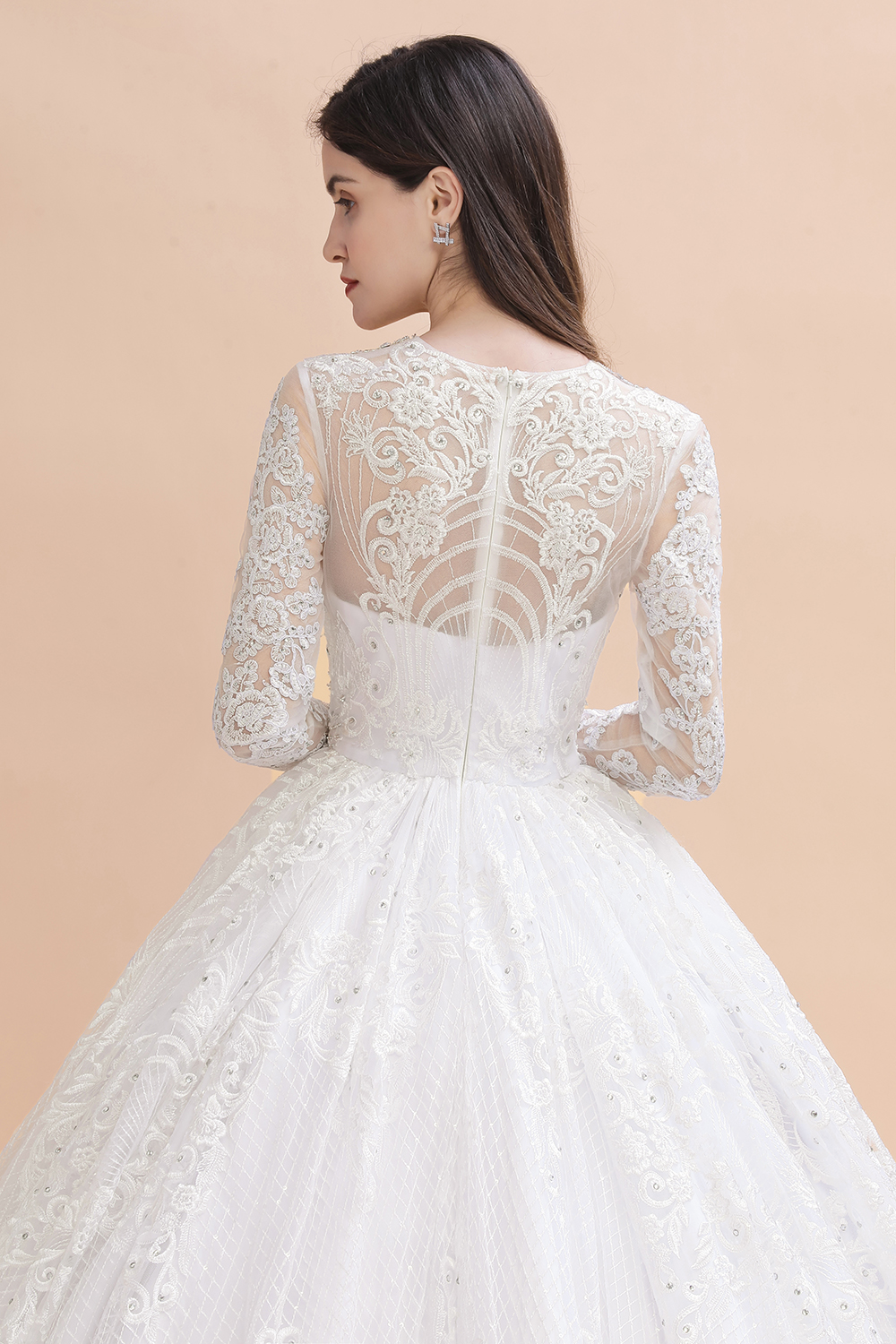 A-line Jewel Neck Long Sleeves Court Train Tulle Wedding Gown With Beading 2