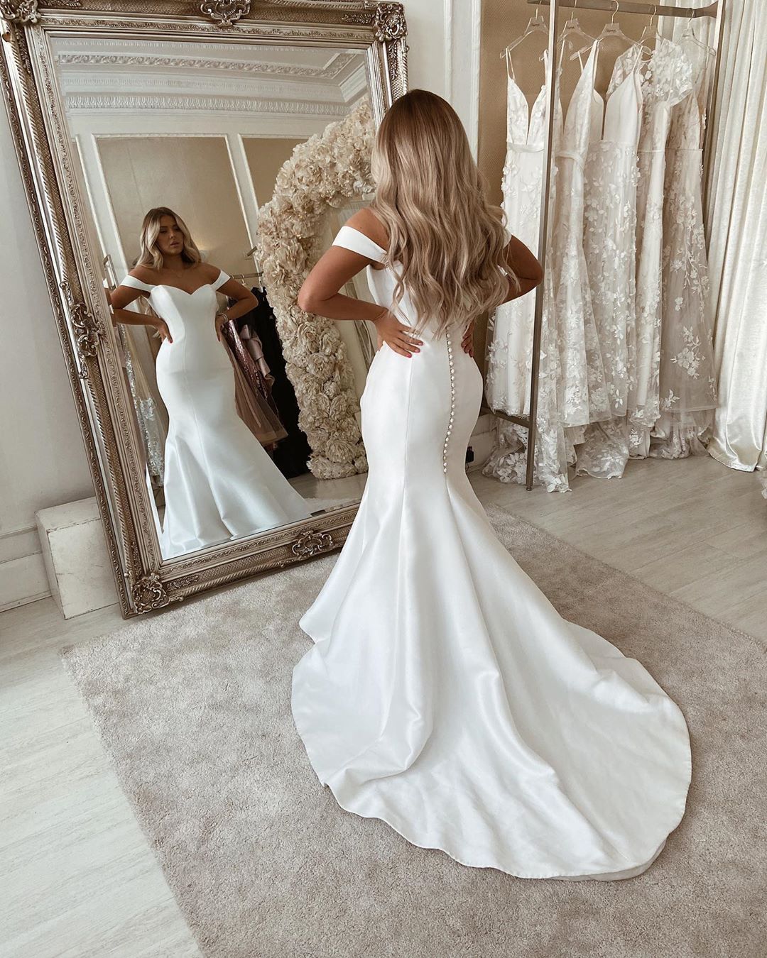 Mermaid Off-the-shoulder Floor-length Satin Bridal Dress 2