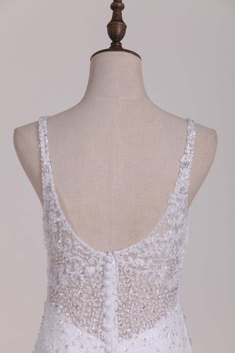 Mermaid Straps V-neck Sleeveless Floor-length Tulle Bridal Attire With Beading 4