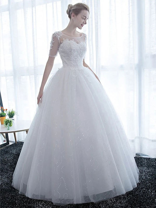 Ball Gown Short Sleeves Floor-length Lace Bridal Gown With Lace 2