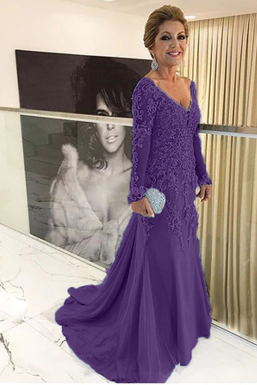 Gold V-Neck Lace Mother of the Bride Dress with Long Sleeves -  and 2