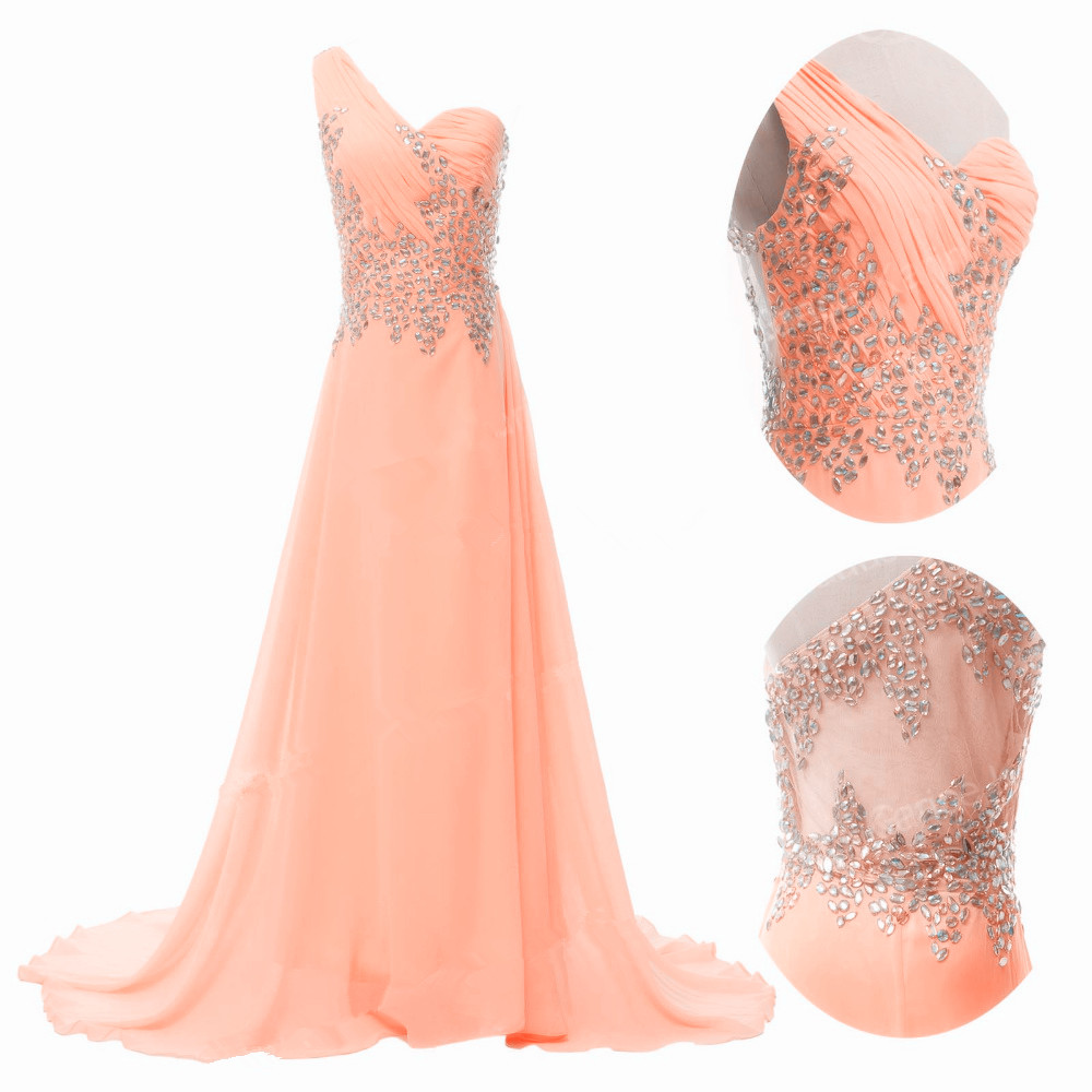 A-line One Shoulder Sleeveless Sweep / Brush Train 100D Chiffon Evening Gown With Crystal 5
