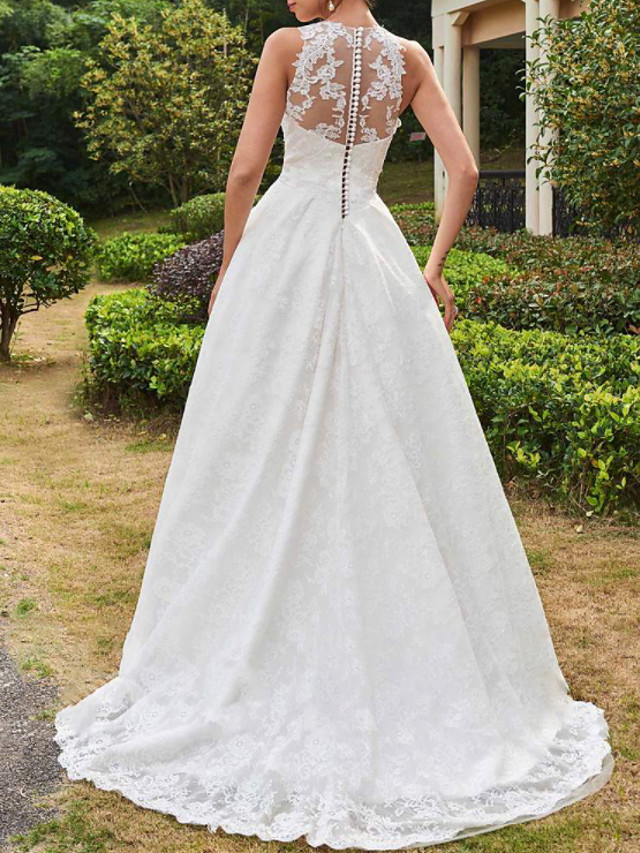 A-line Sleeveless Sweep / Brush Train Lace Bridal Gown With Buttons 2