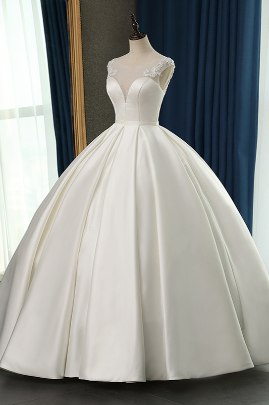Ball Gown Jewel Neck Sleeveless Floor-length Satin Bridal Dress With Ruffles 3
