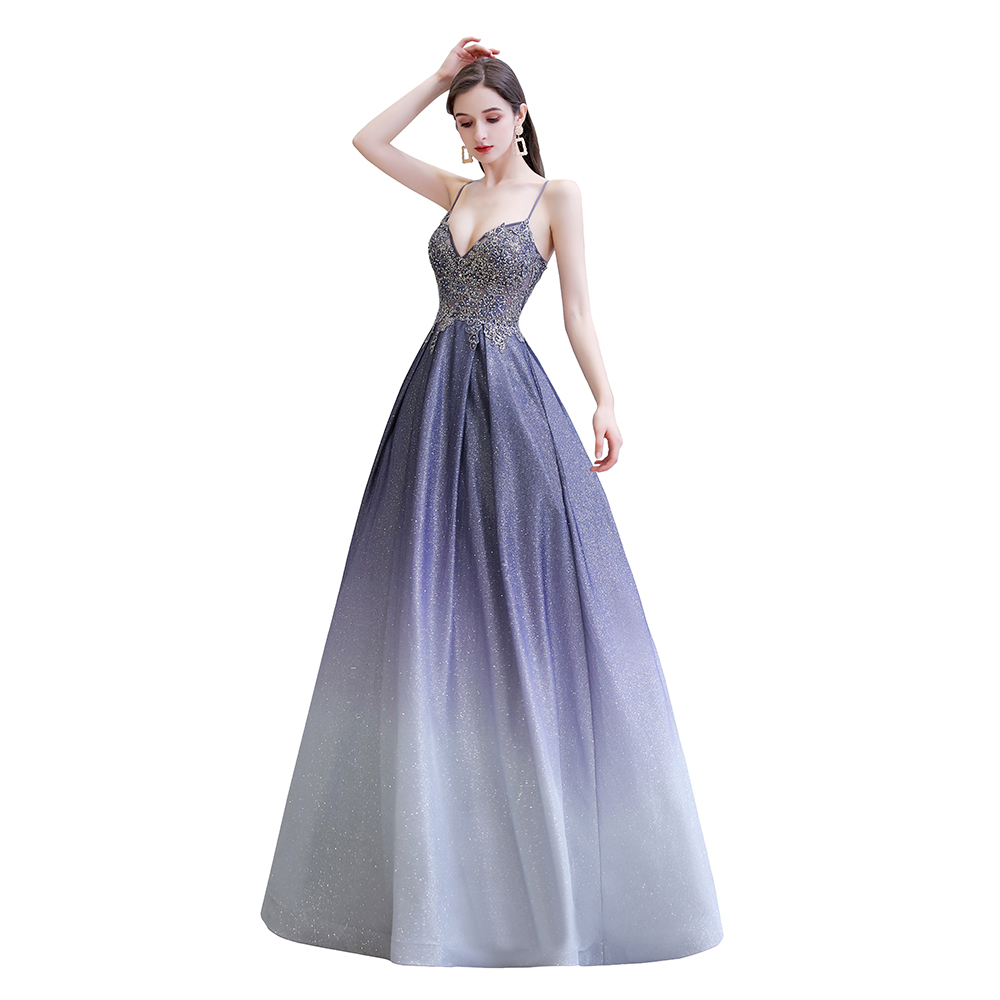 A-line Spaghetti Straps V-neck Sleeveless Sweep / Brush Train Satin Formal Dress With Appliques 3