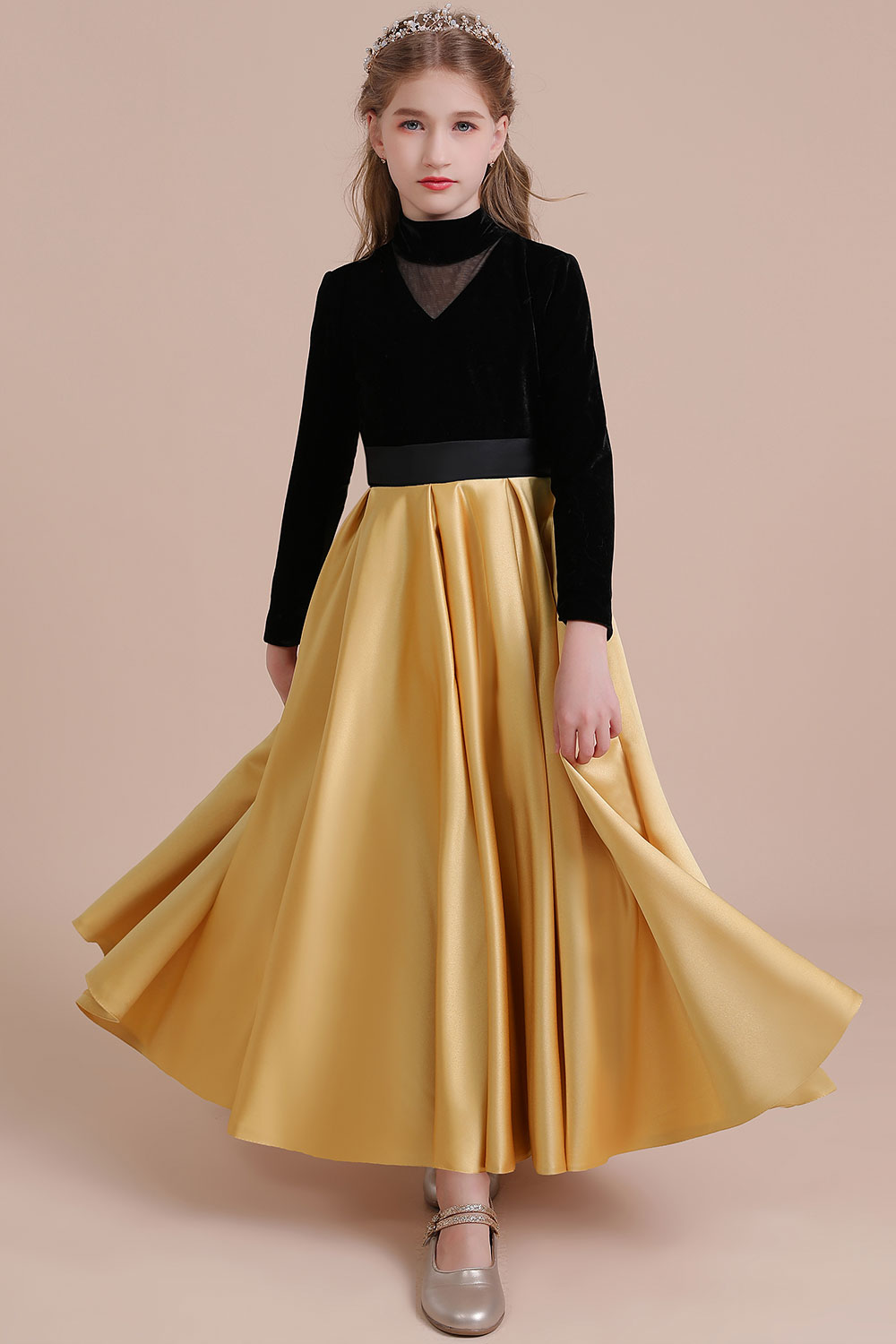 A-line High Neck Long Sleeves Ankle-length Satin Flower Girl Dress With Ribbons 3