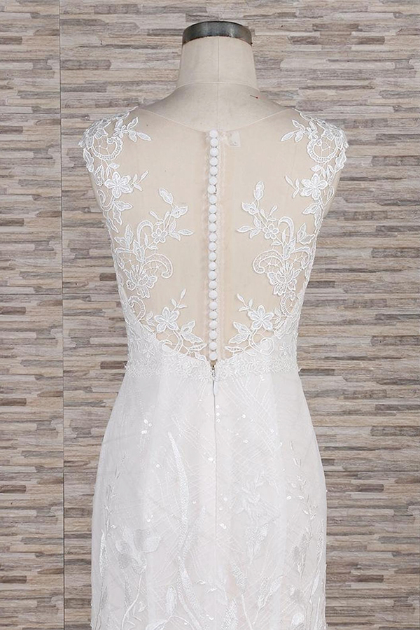 Mermaid Jewel Neck Sleeveless Sweep / Brush Train Tulle Wedding Gown With Sequins 5